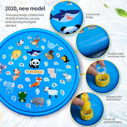68" Kids Splash Pad Sprinkler – Outdoor Water Play Mat Summer Toy, Animals Alphabet Theme (Large) - Tohibee