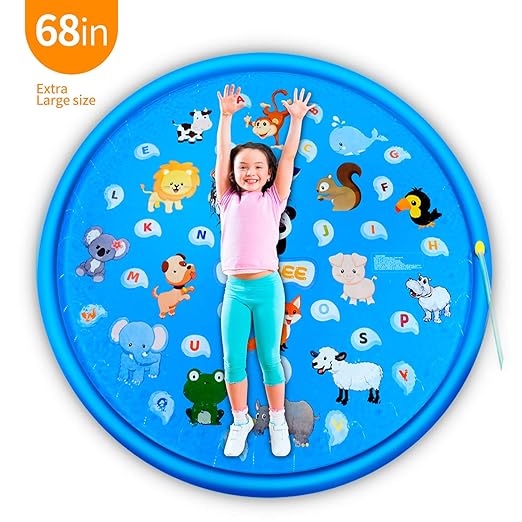 68" Kids Splash Pad Sprinkler – Outdoor Water Play Mat Summer Toy, Animals Alphabet Theme (Large) - Tohibee