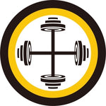 Black barbell icon within a yellow circle on a white background