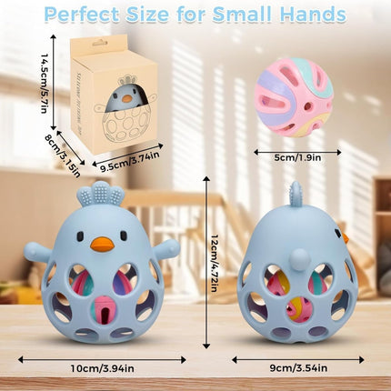 TOHIBEE Baby Teething Rattle Toy, Upgraded Easy Grasp Silicone Teething Rattle Ball Toy for Babies Over 3 Months, 100% Food Grade, Gift for Infant Boys and Girls 0 - 6 - 12 Months, (Rattle Blue) - ONOMIE