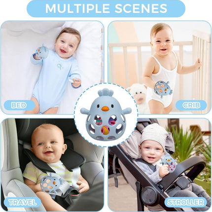 TOHIBEE Baby Teething Rattle Toy, Upgraded Easy Grasp Silicone Teething Rattle Ball Toy for Babies Over 3 Months, 100% Food Grade, Gift for Infant Boys and Girls 0 - 6 - 12 Months, (Rattle Blue) - ONOMIE